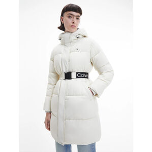 Calvin Klein dámská krémová bunda LOGO BELT WAISTED LONG PUFFER - M (ACF)